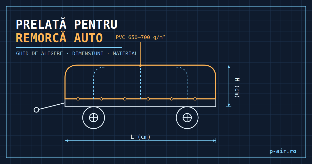 Schiță tehnică a unei prelate pentru remorcă auto din PVC 650–700 g/m², cu cotele de lungime și înălțime marcate